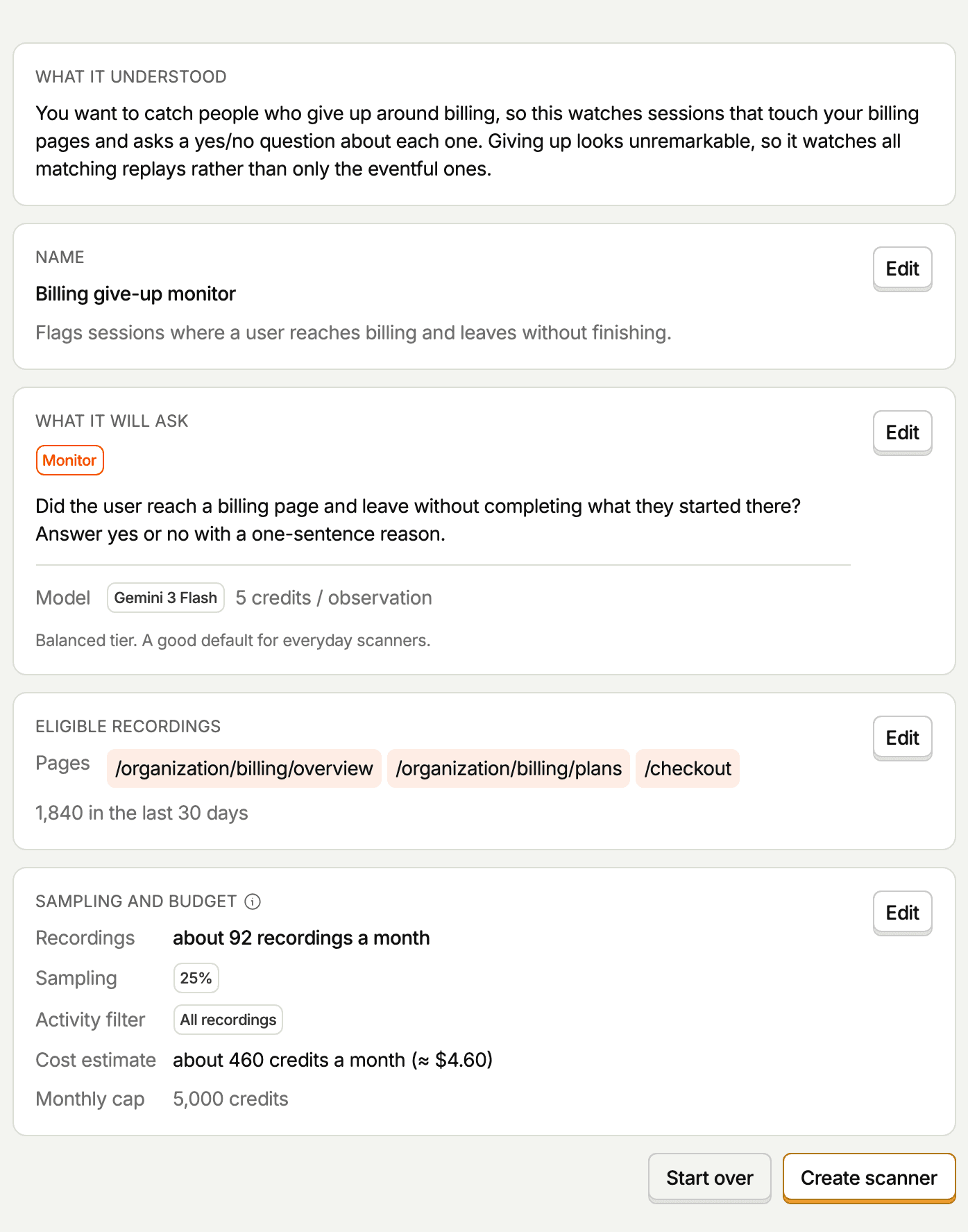 A drafted scanner's overview: what PostHog AI understood, the name, what it will ask, eligible recordings, and sampling and budget, each with an Edit button