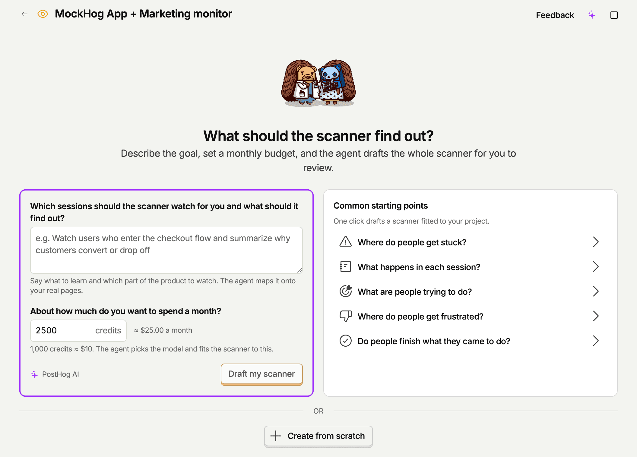 The What should the scanner find out? page: a goal box, a monthly budget, and one-click starting points