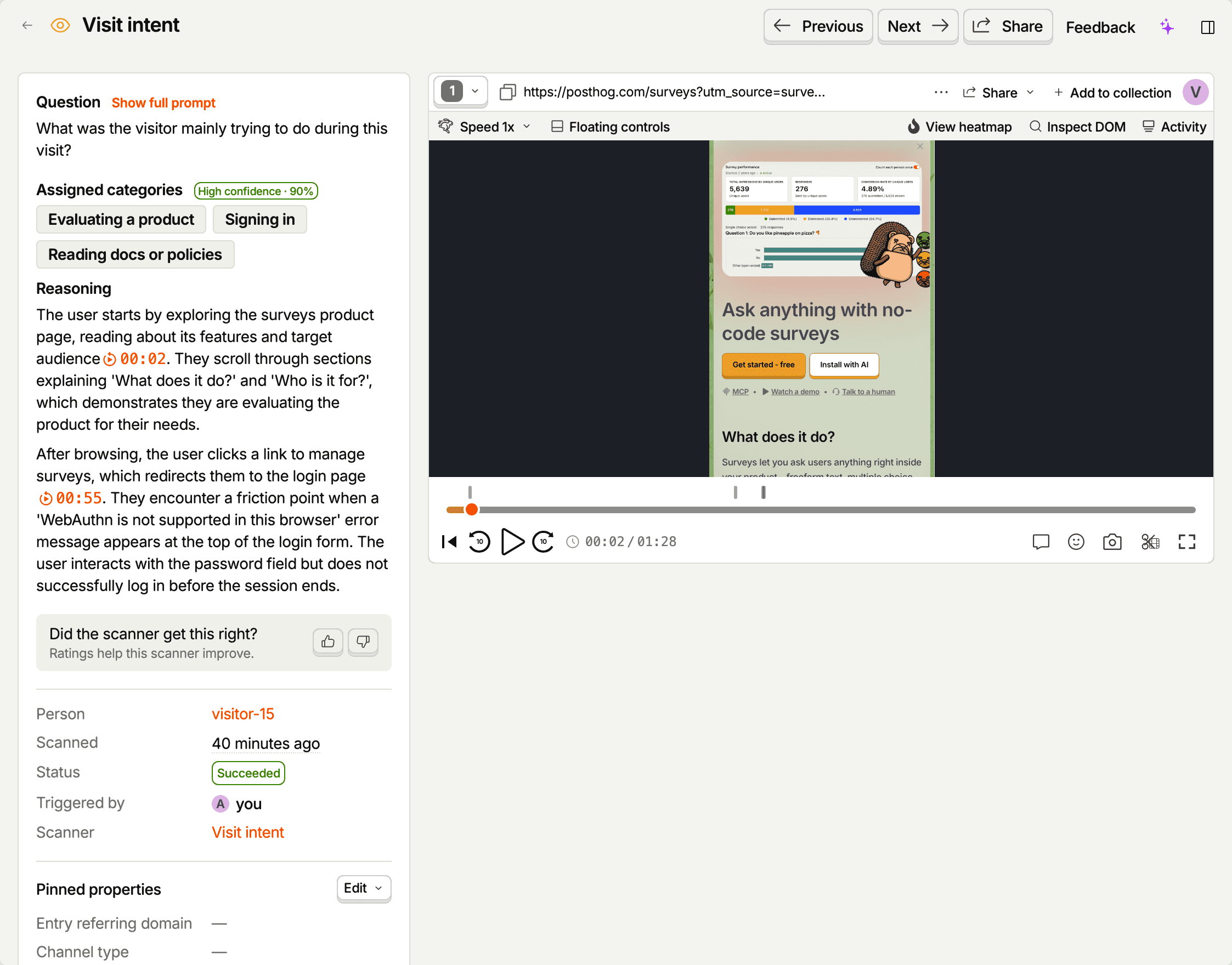 An observation page for a classifier scanner: the assigned categories with confidence and the reasoning with timestamp citations