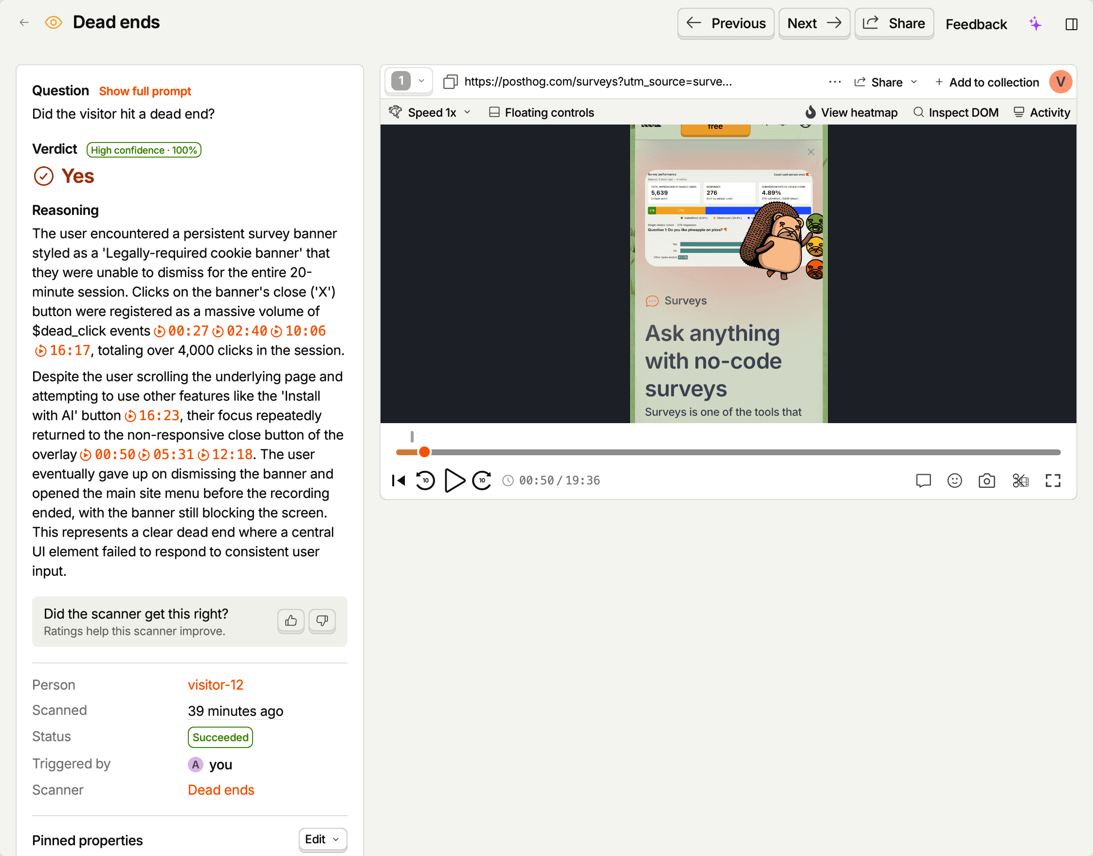 An observation page for a monitor scanner: the question, a Yes verdict with confidence, reasoning with timestamp citations, and the rating control, next to the player