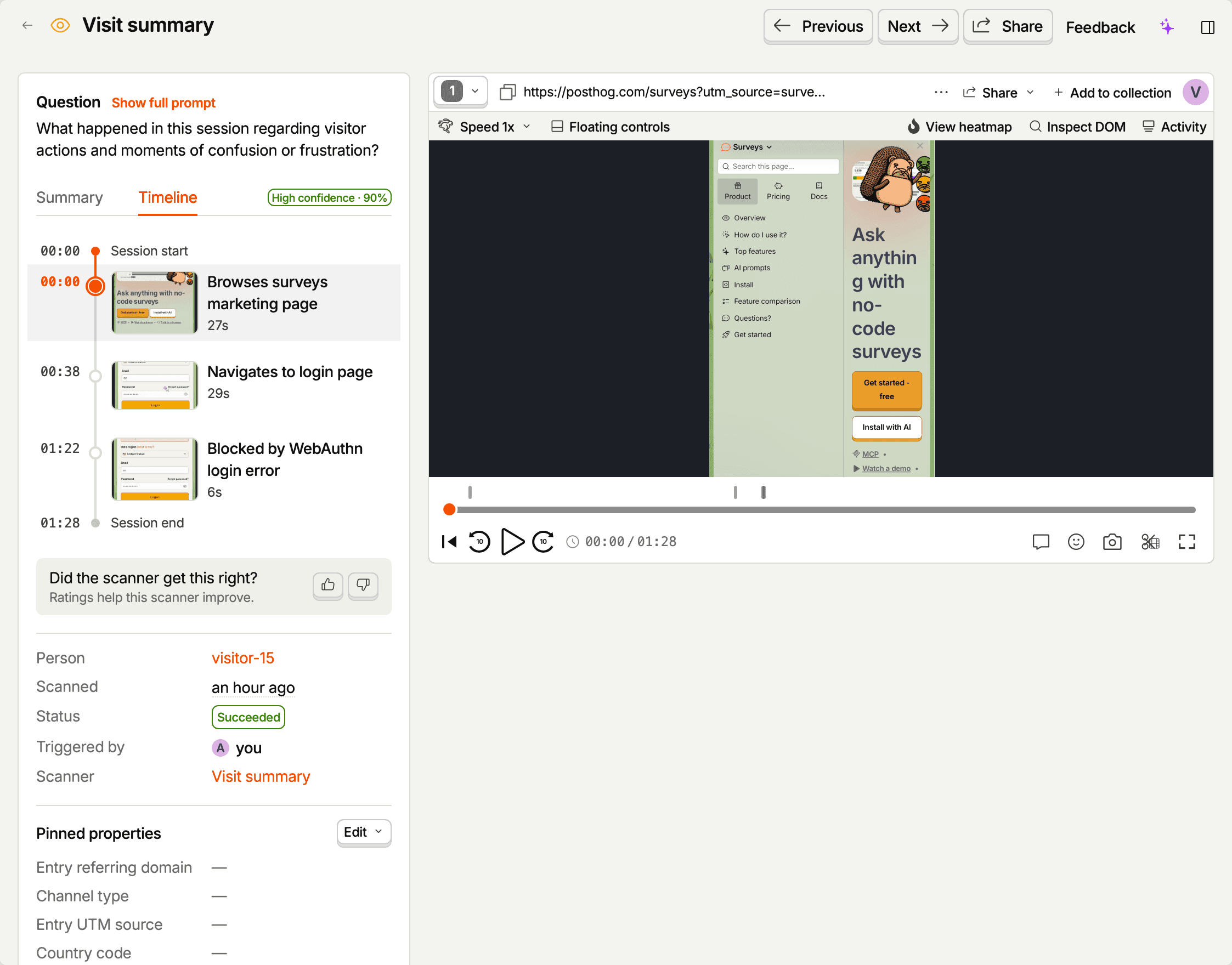 An observation page for a summarizer scanner on its Timeline tab: chapters with thumbnails and durations