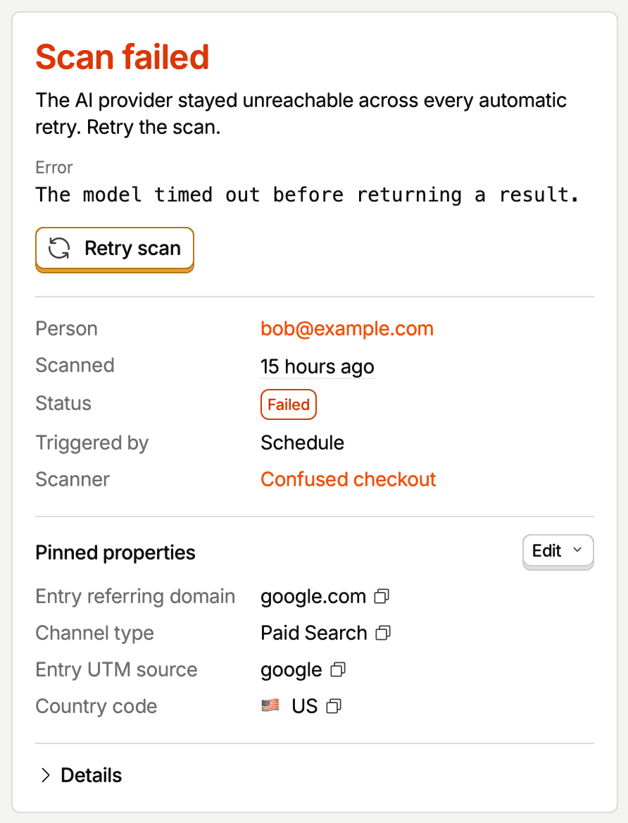 The Scan failed card on an observation page, with the failure reason and a Retry button