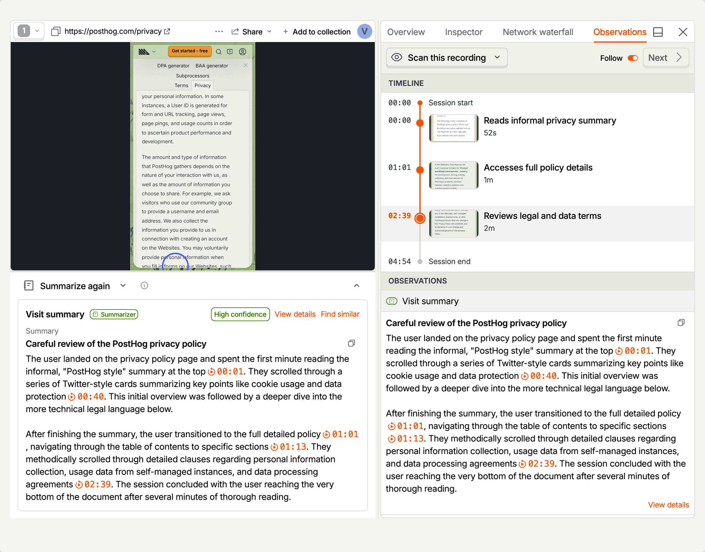 The replay player with the Observations sidebar open: the Scan this recording action, a chapter timeline, and the recording's observations