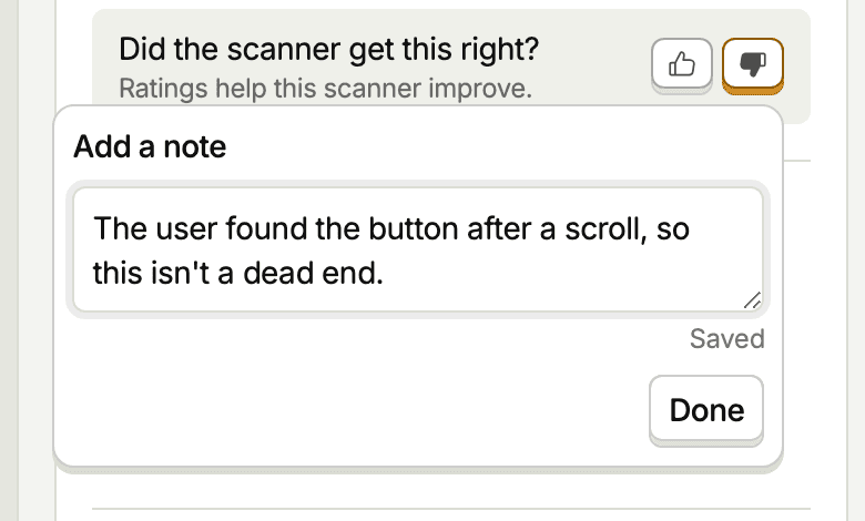 The Did the scanner get this right? control with thumbs down selected and a note explaining why