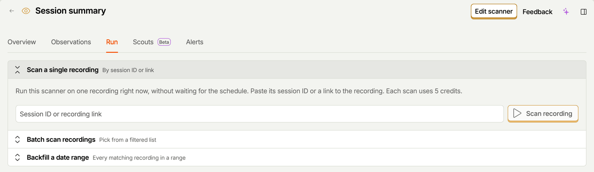 A scanner's Run tab, with options to scan a single recording, scan a batch, or backfill a date range