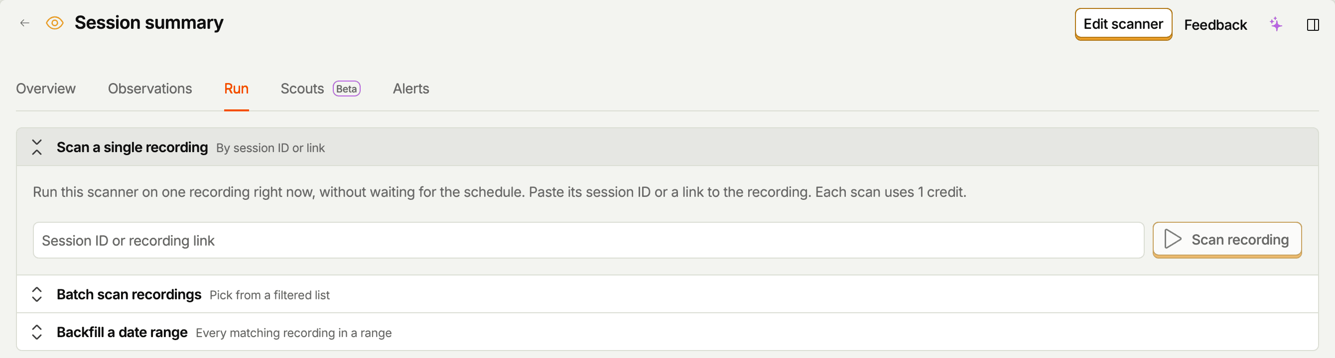A scanner's Run tab, with options to scan a single recording, scan a batch, or backfill a date range