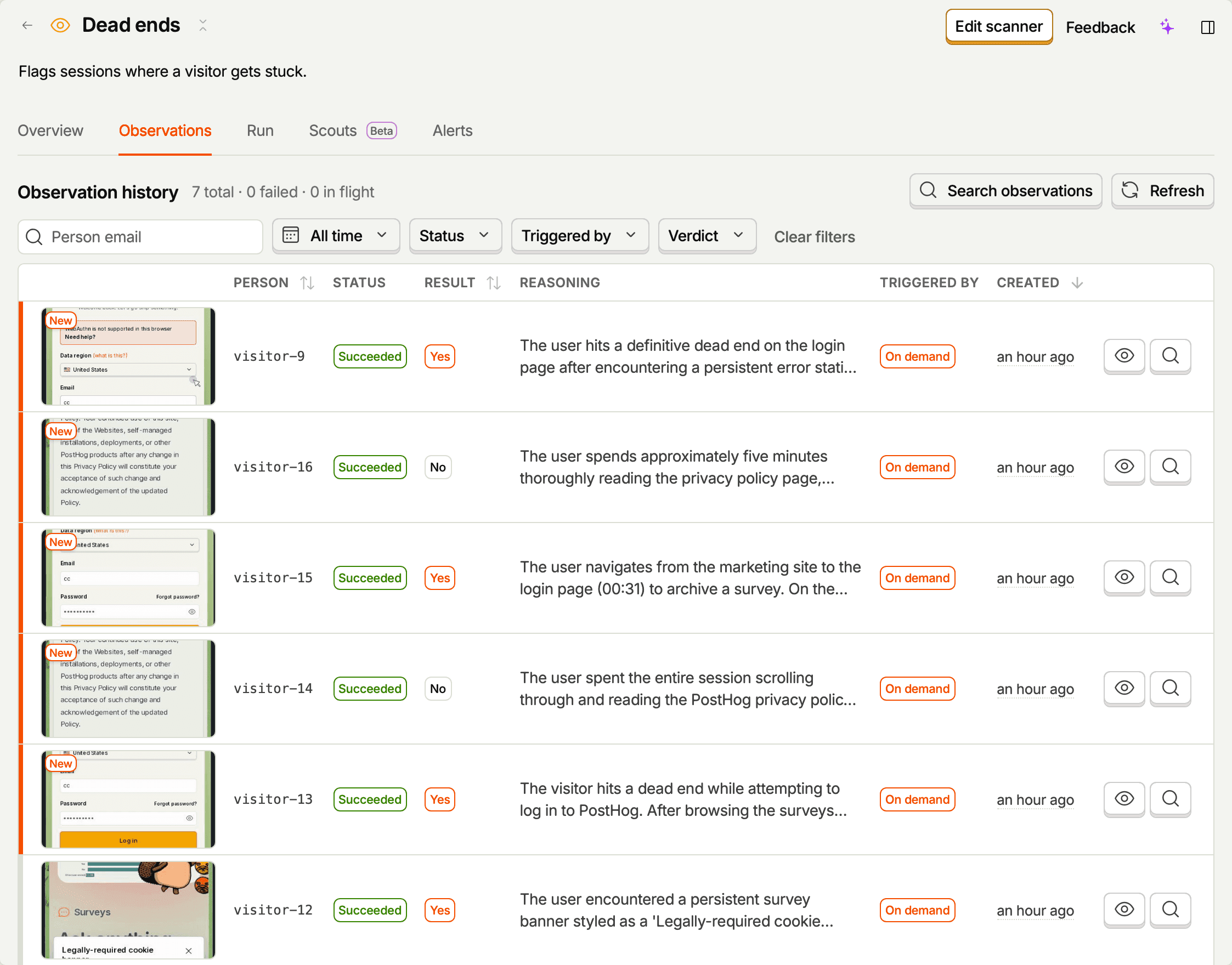 A scanner's Observations tab: thumbnails, New tags, status, result, reasoning, and trigger for each observation
