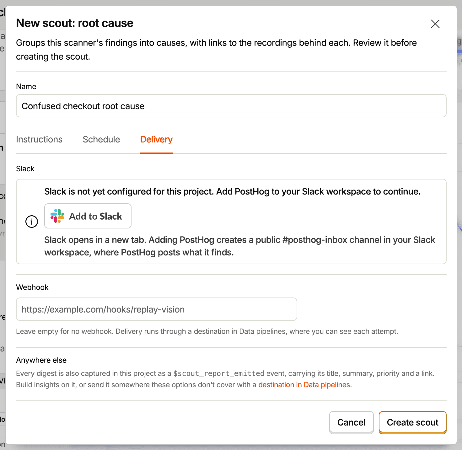 The scout form's Delivery tab, with Slack, a webhook URL field, and the scout report event