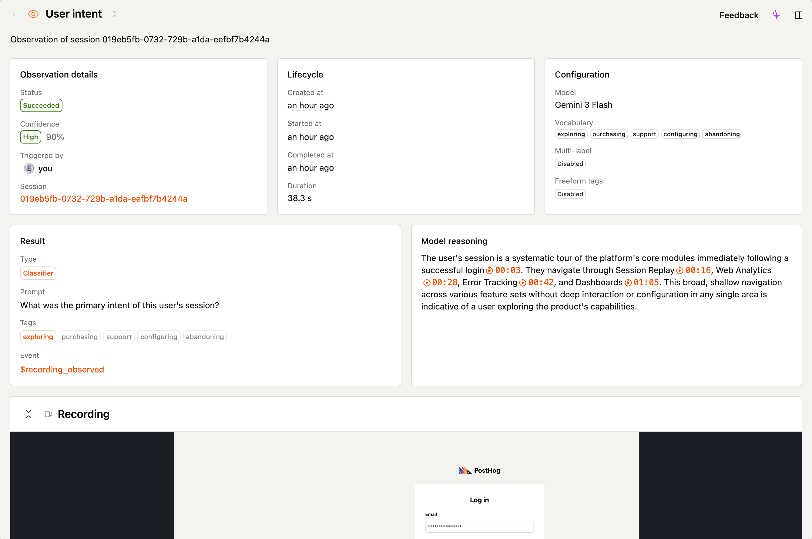 An observation detail page for a classifier scanner: the assigned tag, the tag vocabulary, and the model's reasoning