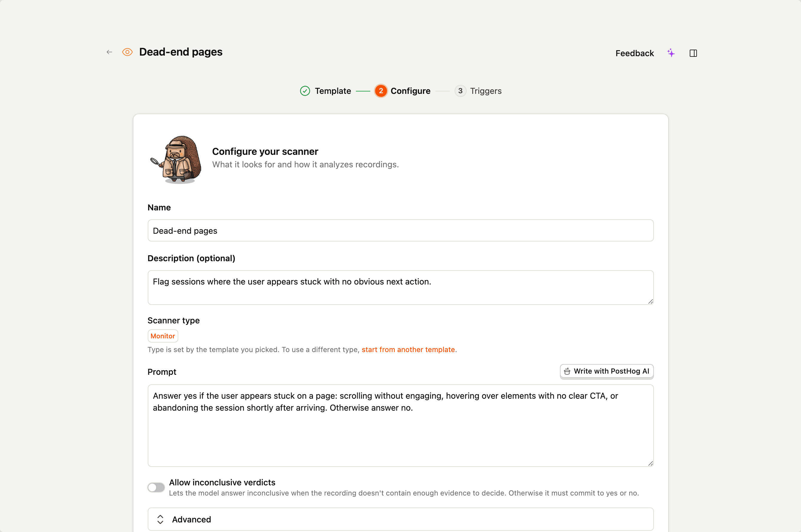 The scanner editor pre-filled from the Dead ends template: name, description, prompt, and type-specific config