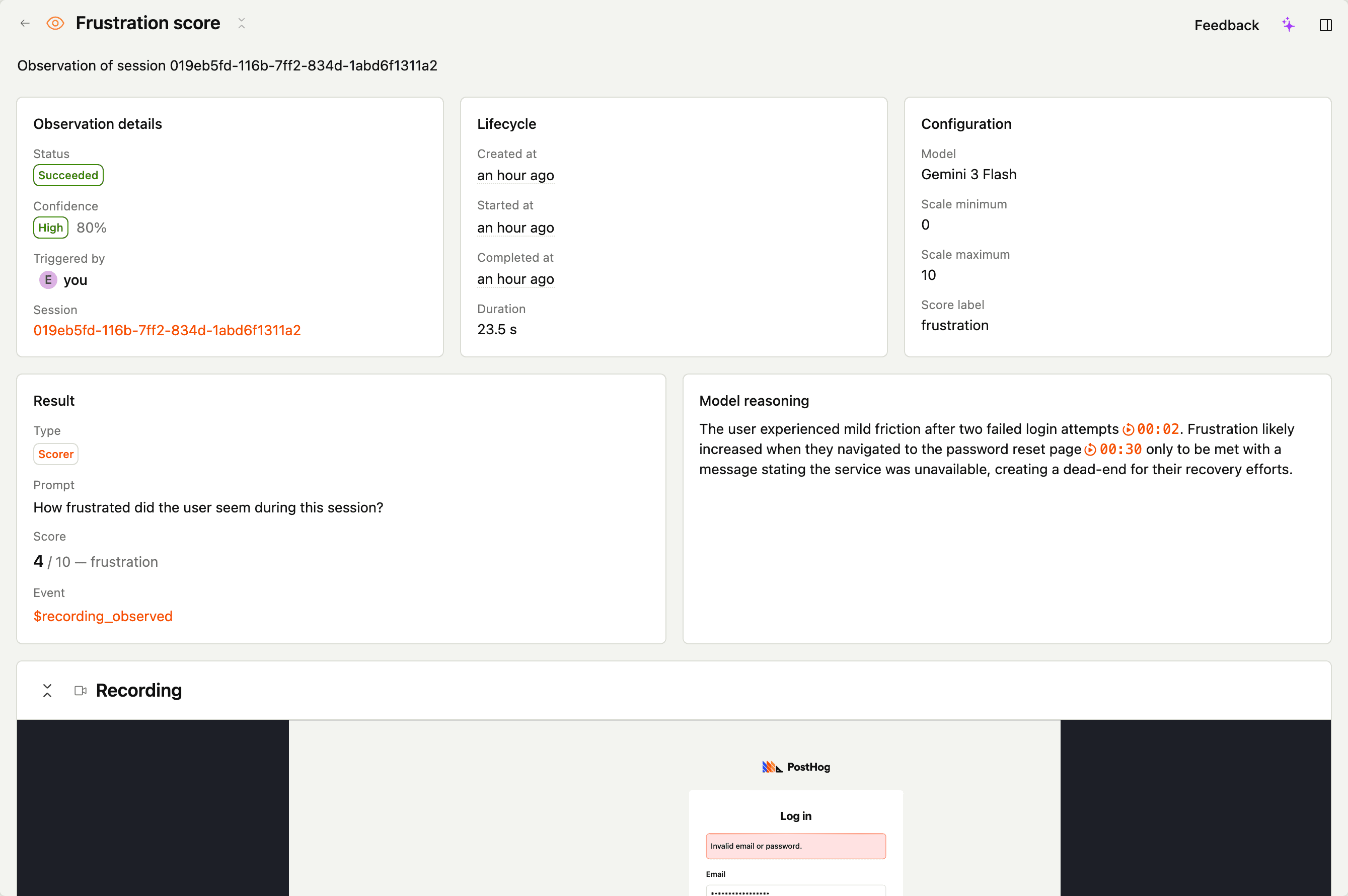 An observation detail page for a scorer scanner: the numeric score on its scale and the model's reasoning with citations