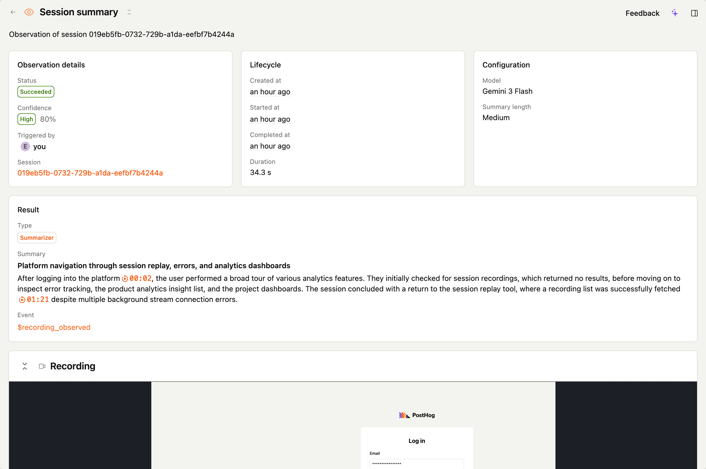 An observation detail page for a summarizer scanner: the generated title and prose summary with inline citations