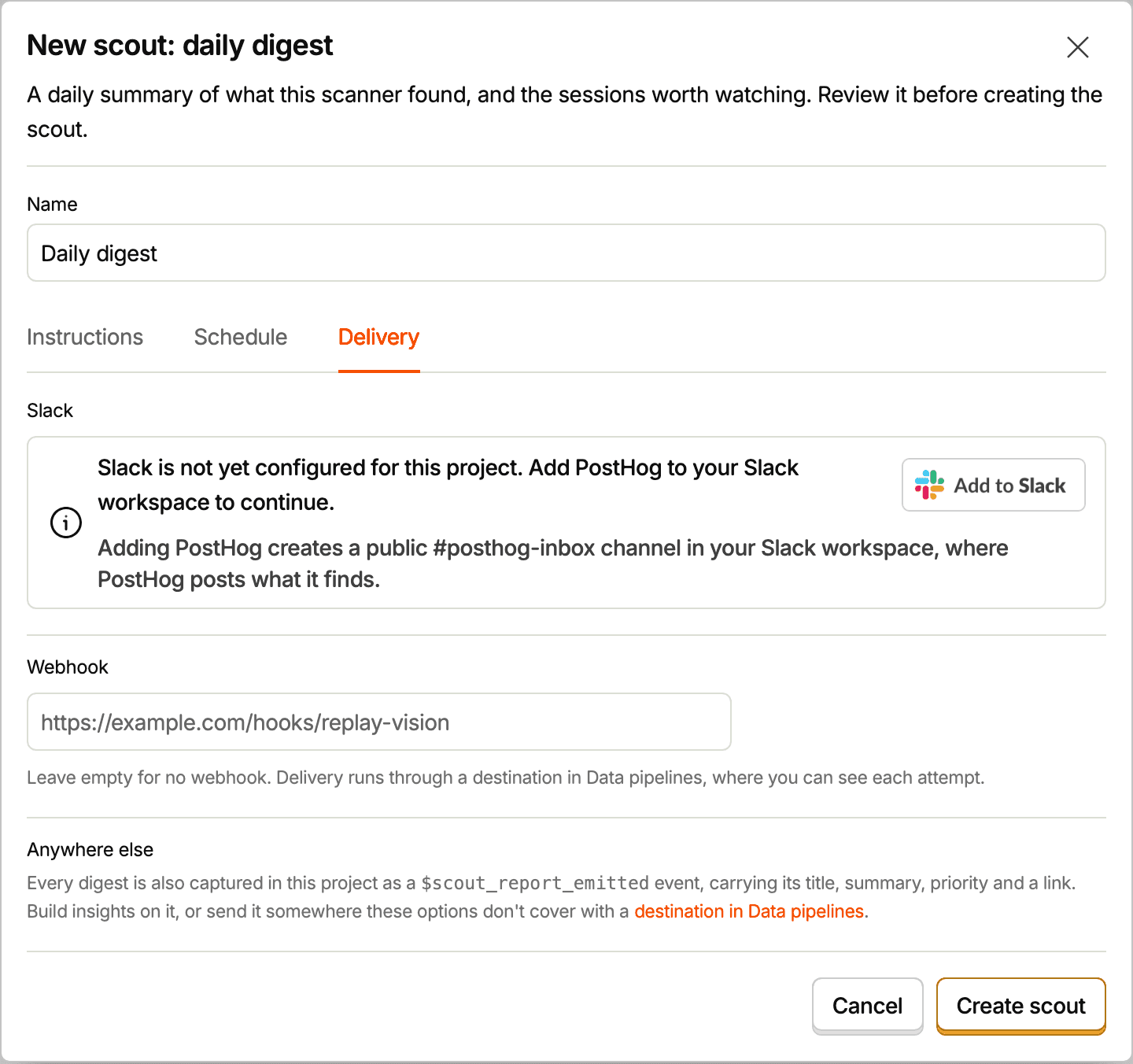 The scout form's Delivery tab, with Slack, a webhook URL field, and the scout report event
