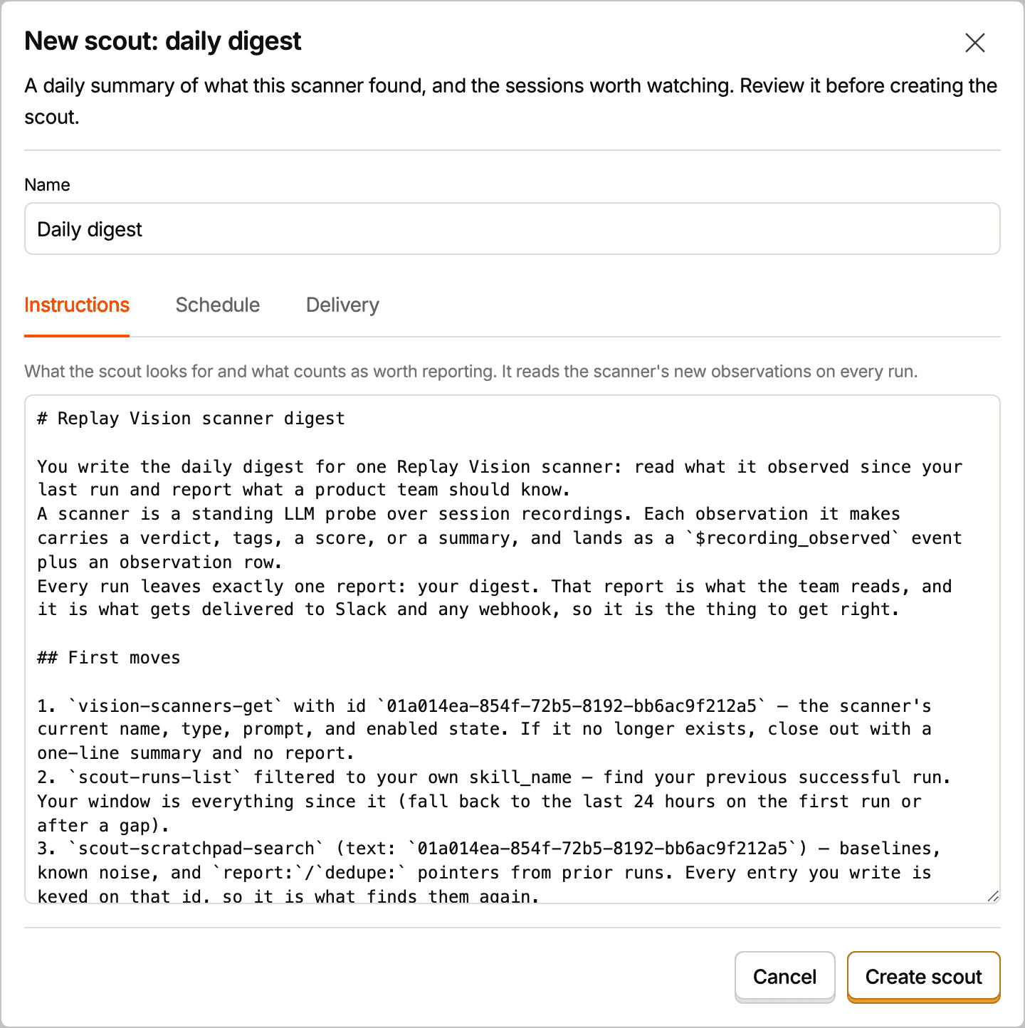 The new scout form on its Instructions tab, showing the daily digest template's instructions
