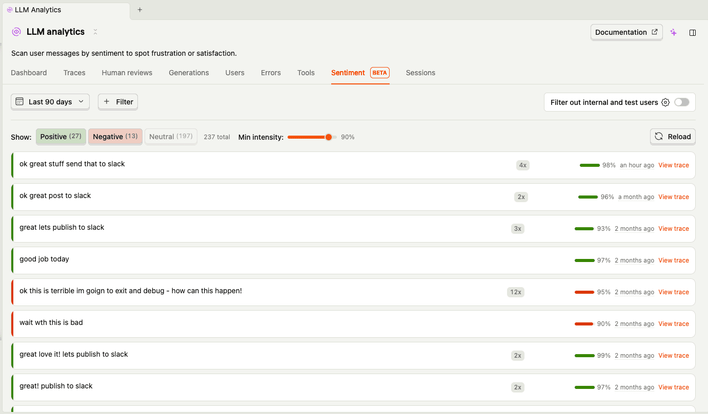 Sentiment tab showing positive and negative standup agent interactions