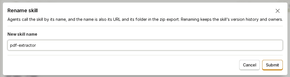 The Rename skill dialog explains that renaming preserves version history and owners.