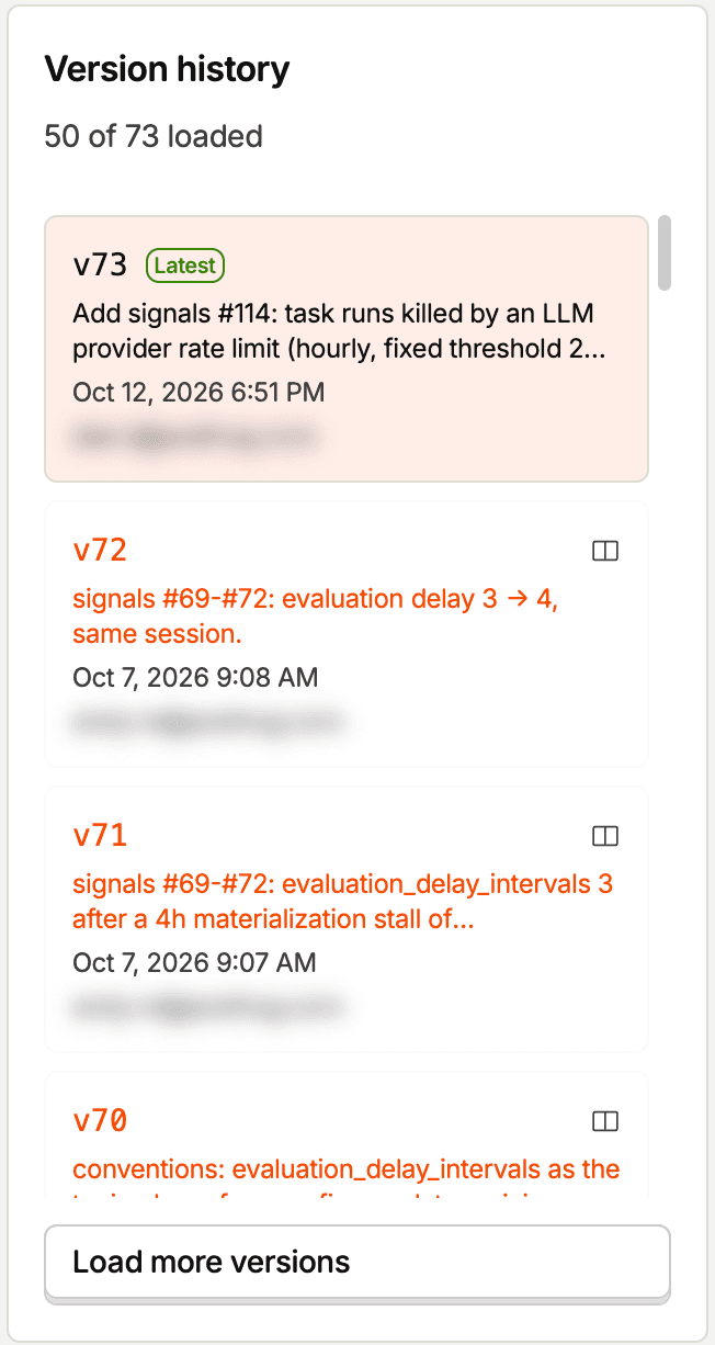 The version history panel for the self-driving-alerts skill in PostHog. It shows 73 versions. Each version has a short description of what changed, a timestamp, and the person who published it. The latest version was published by a teammate.