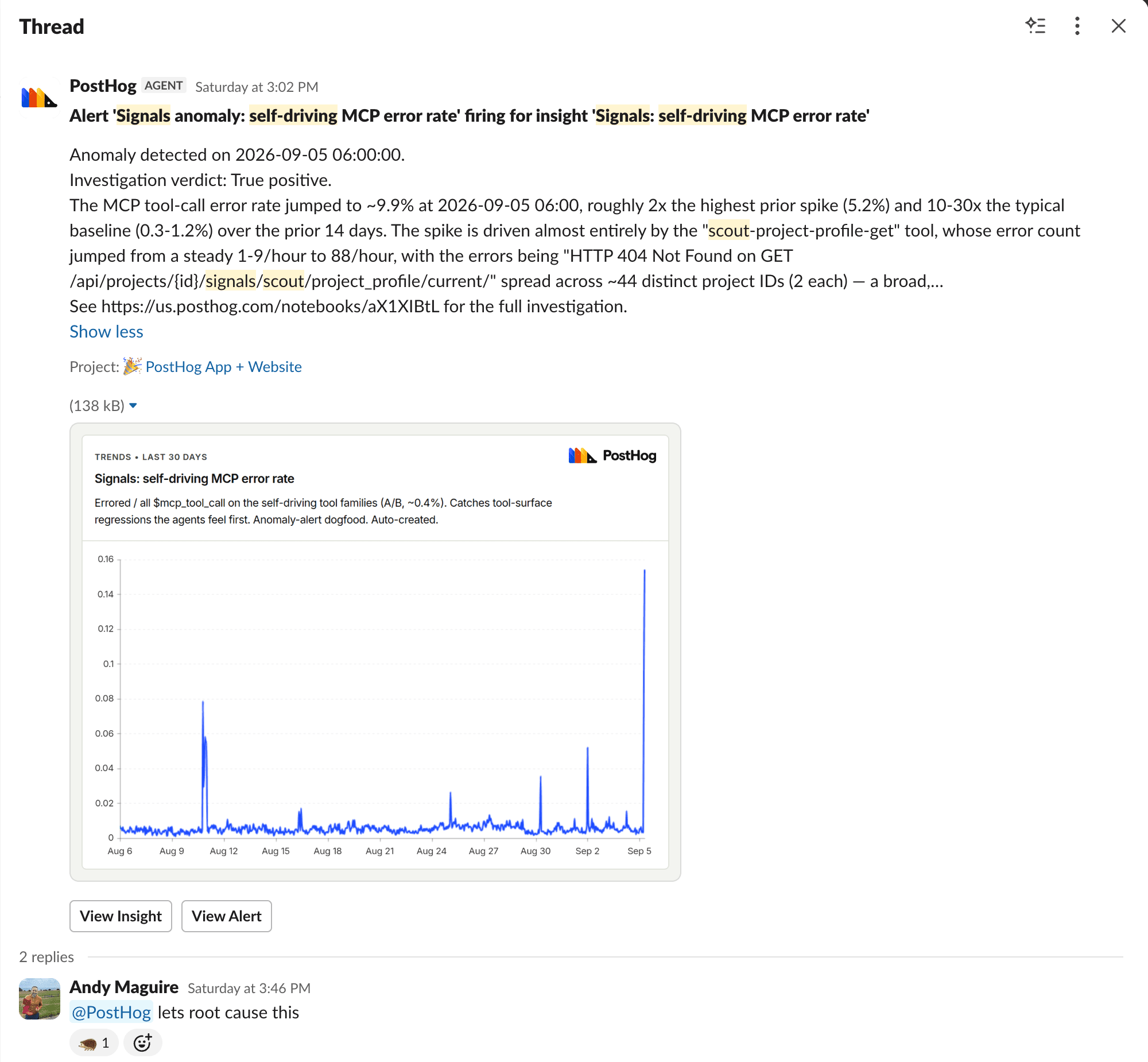 An MCP error-rate anomaly alert in Slack, with its chart and Andy asking PostHog to root cause the issue.