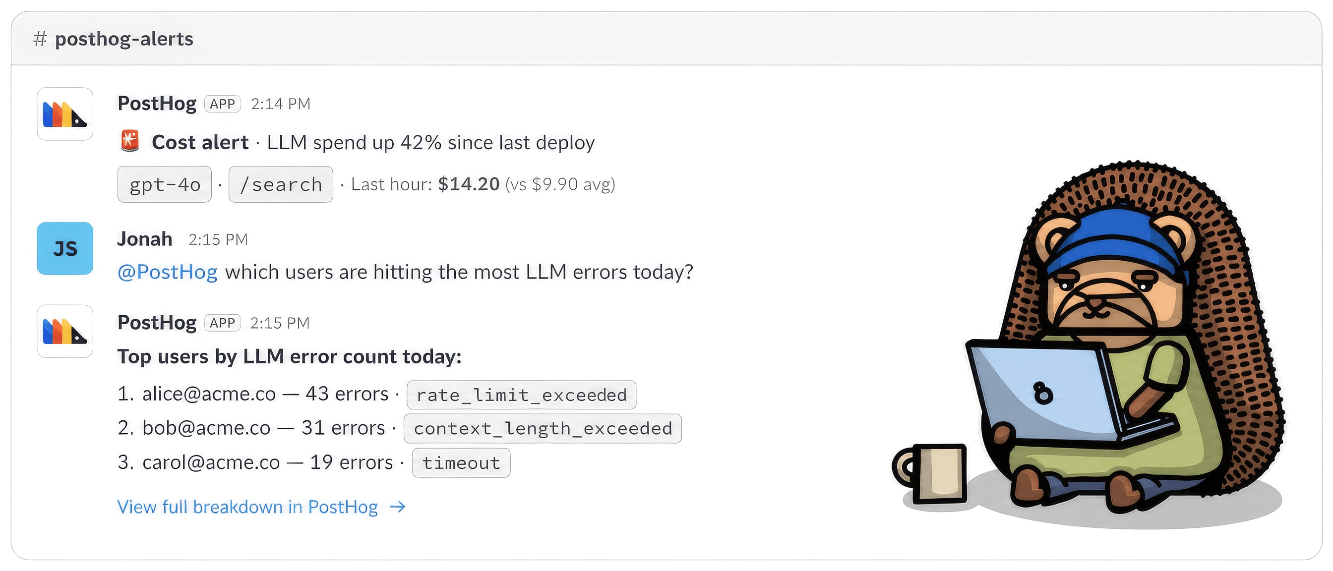 PostHog Slack app showing AI observability alerts and answers