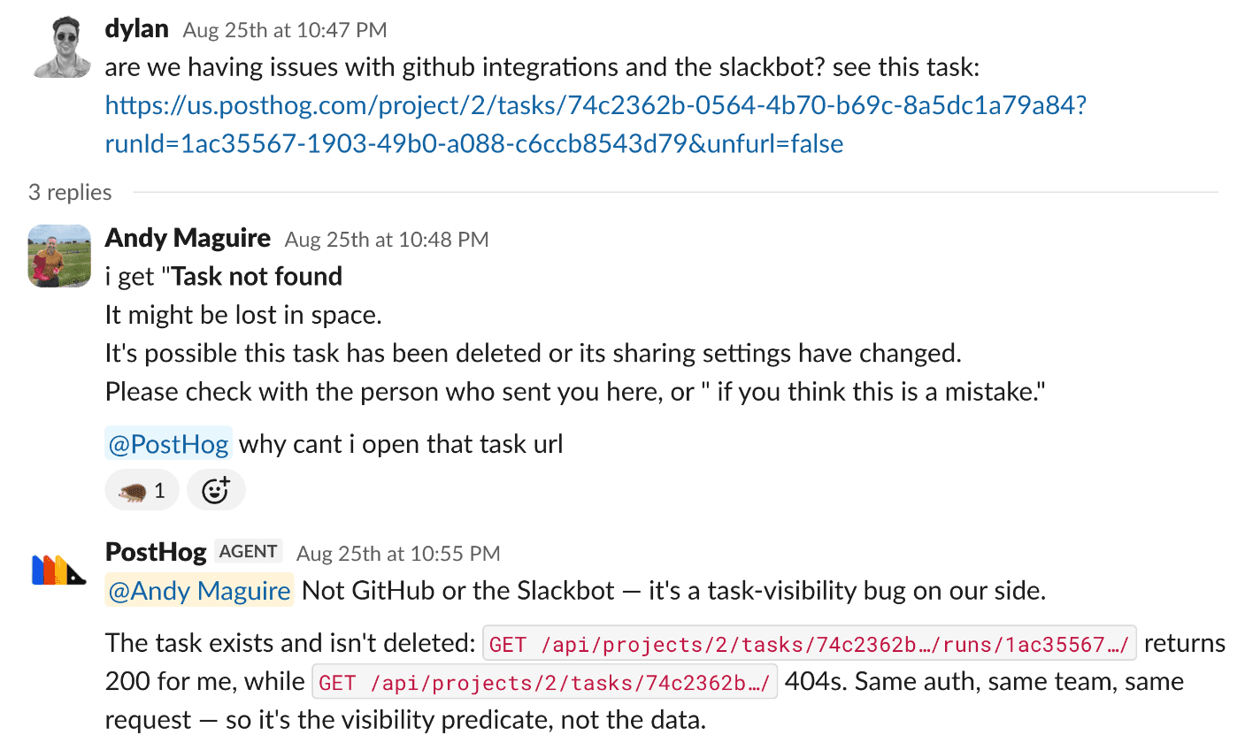 Dylan shares a task in Slack, Andy gets Task not found, and PostHog identifies two endpoints with different visibility checks.