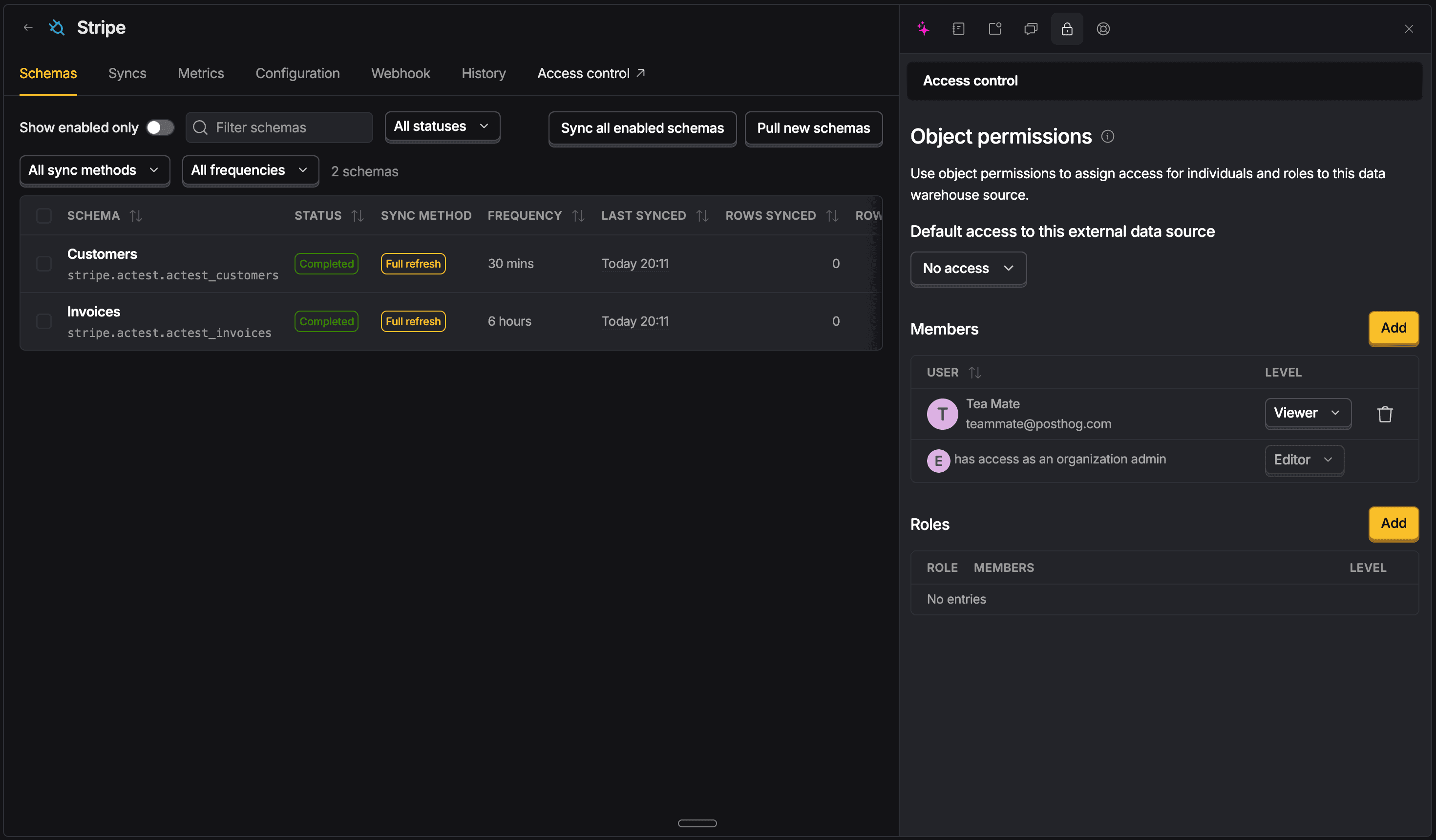 Access control settings for a specific data warehouse source