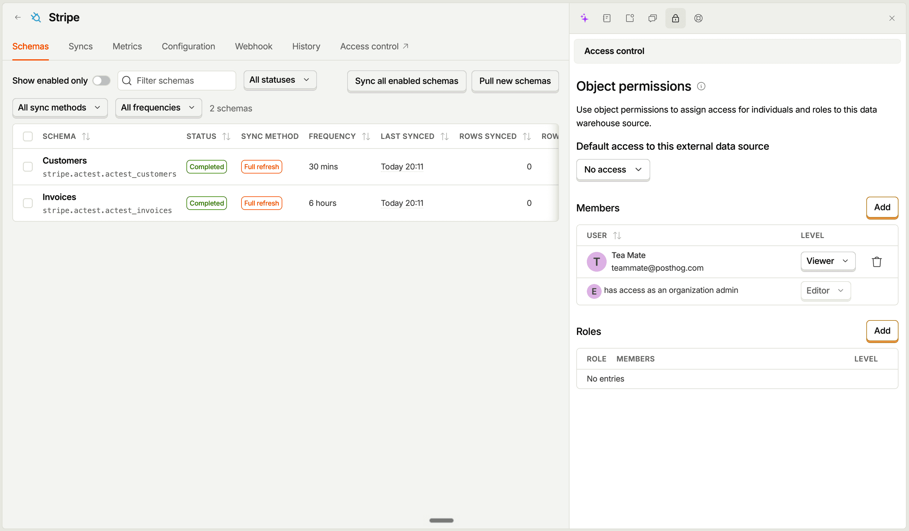 Access control settings for a specific data warehouse source