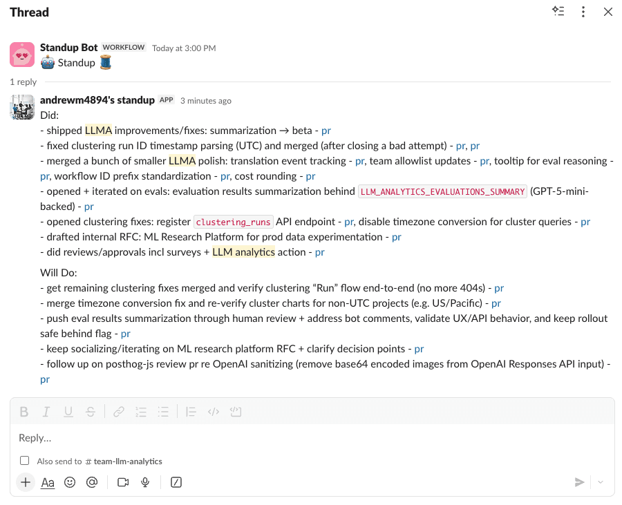 The final standup posted to Slack