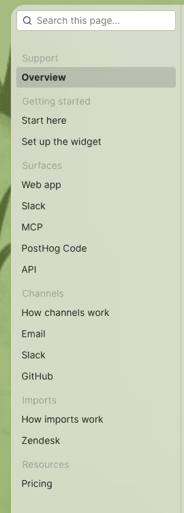 Support docs sidebar navigation, showing the section groups: Overview, Get started, Surfaces, Channels, Imports, and Resources