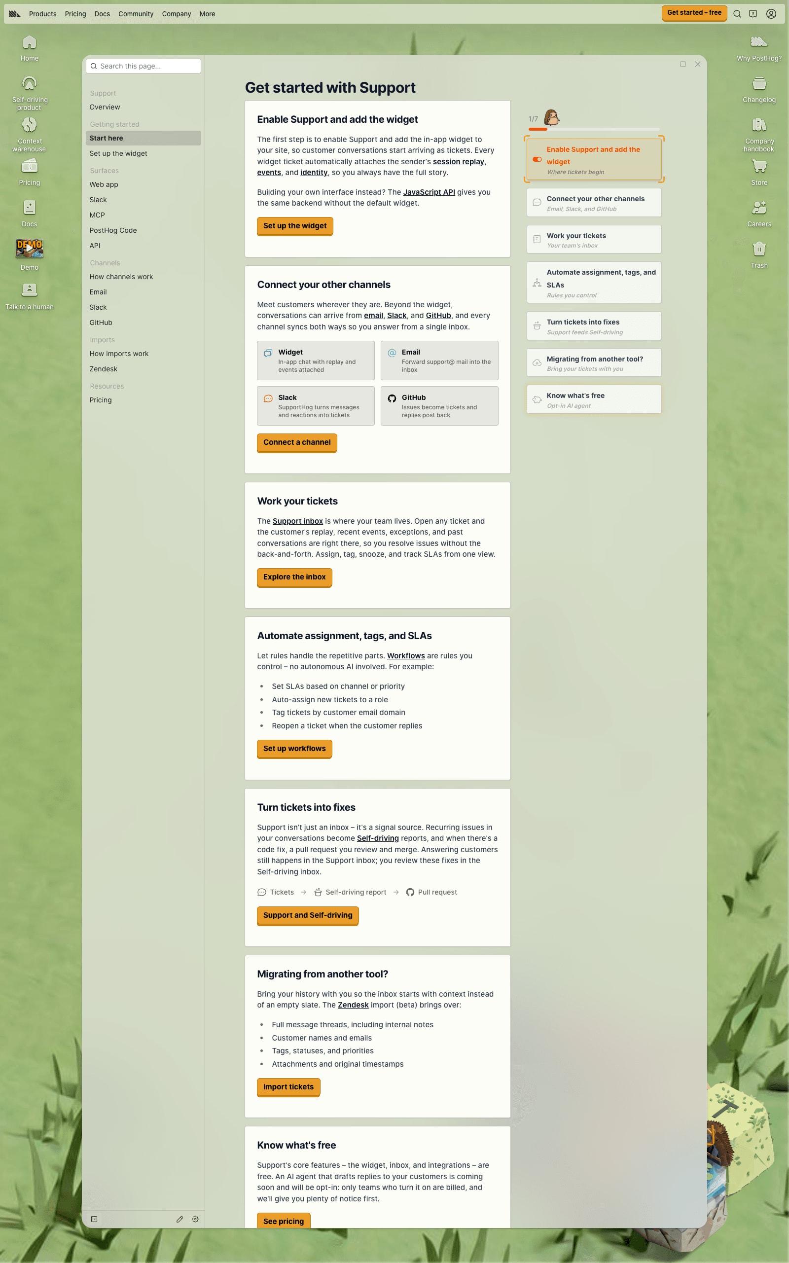Support start here page, built with the QuestLog component