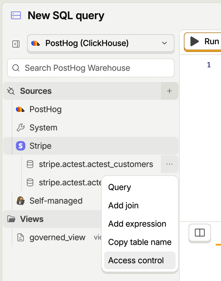 Access control settings for a specific table or view in the SQL editor