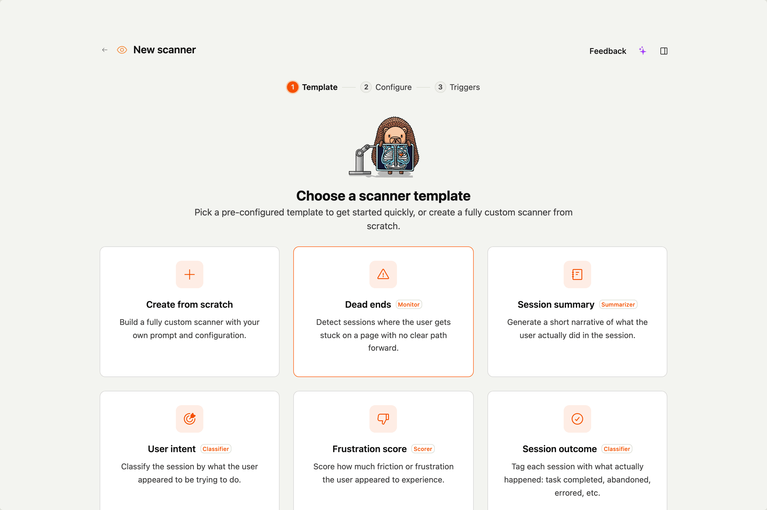 The scanner templates picker with the five built-in templates and the create-from-scratch option