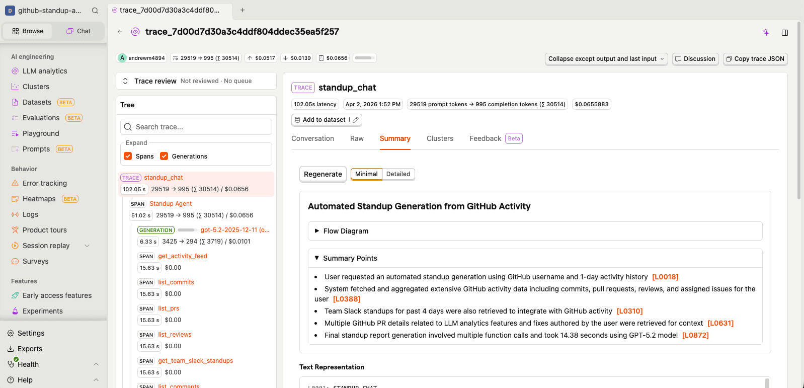 Trace view showing the full agent workflow with AI-generated summary