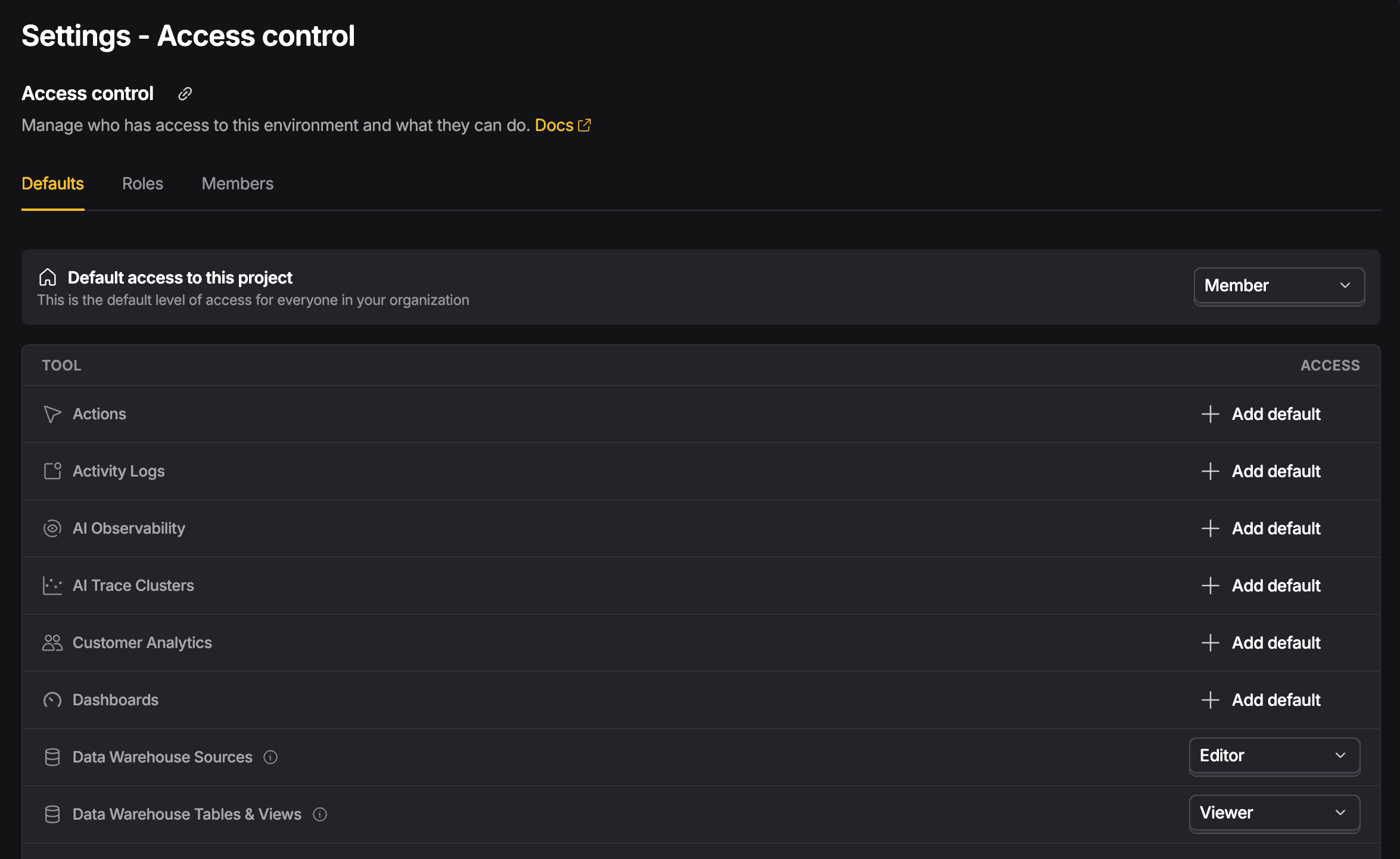 Access control settings for managed data warehouse sources and data warehouse tables and views