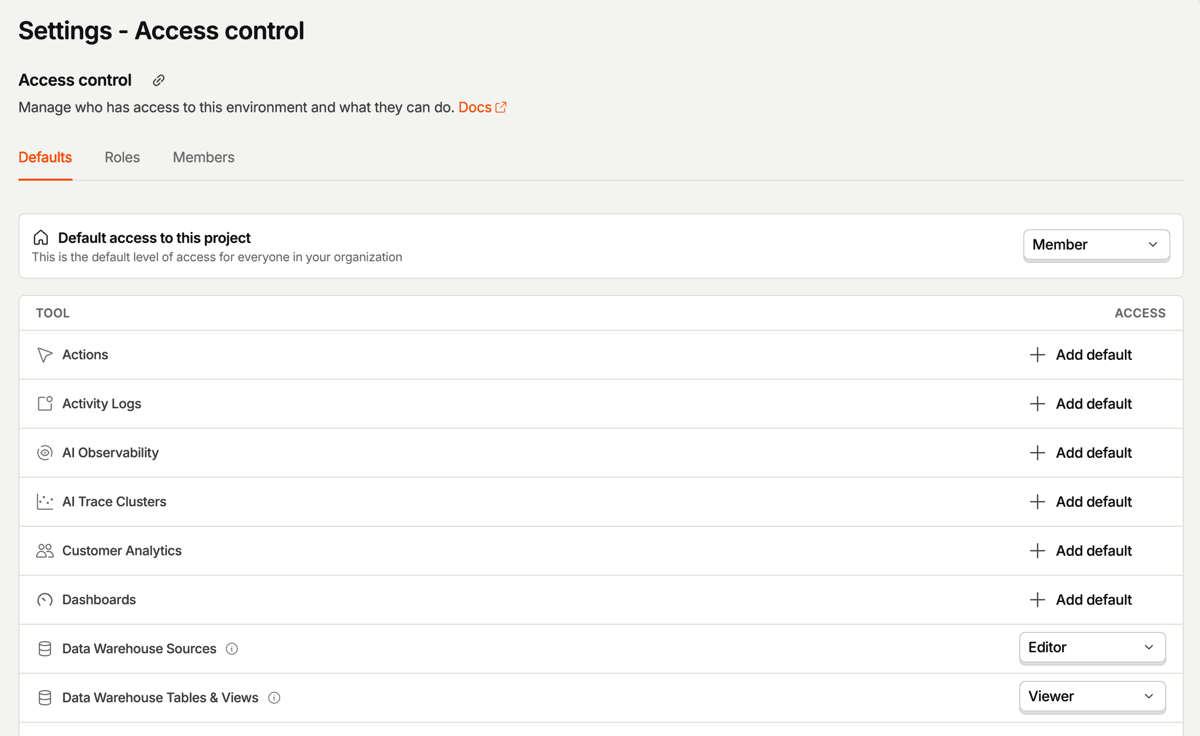 Access control settings for managed data warehouse sources and data warehouse tables and views