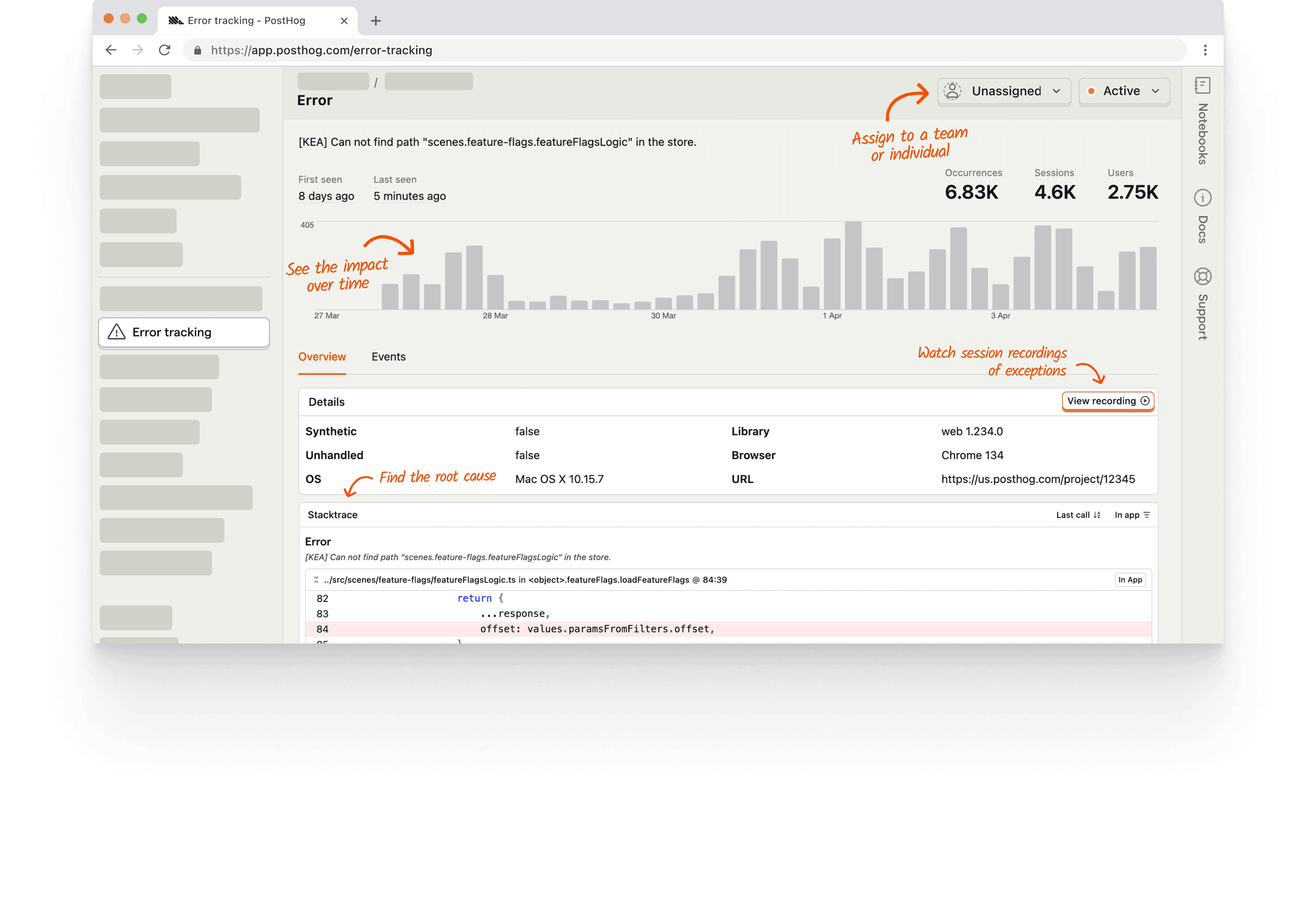 Screenshot of the PostHog error tracking