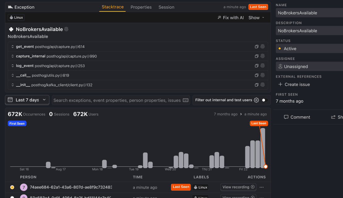 Error tracking screenshot