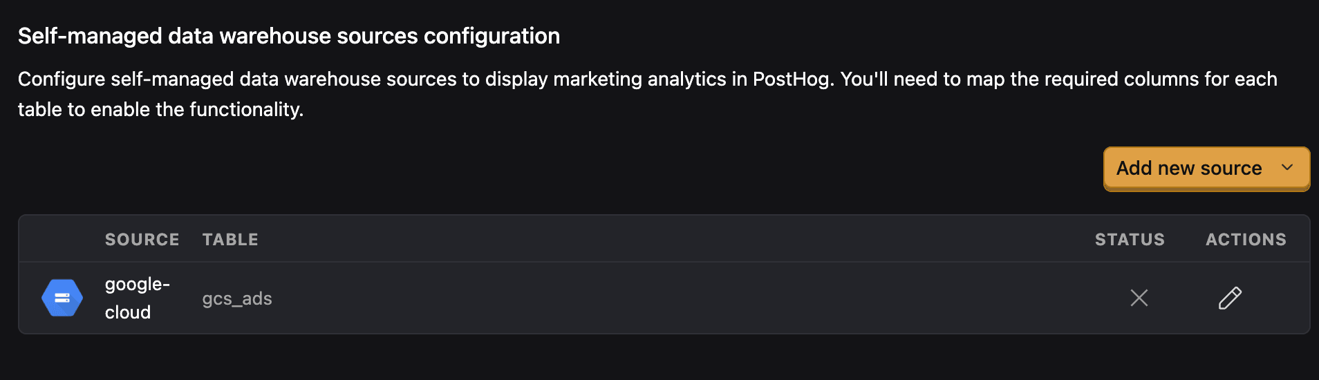 Self-managed data warehouse sources configuration