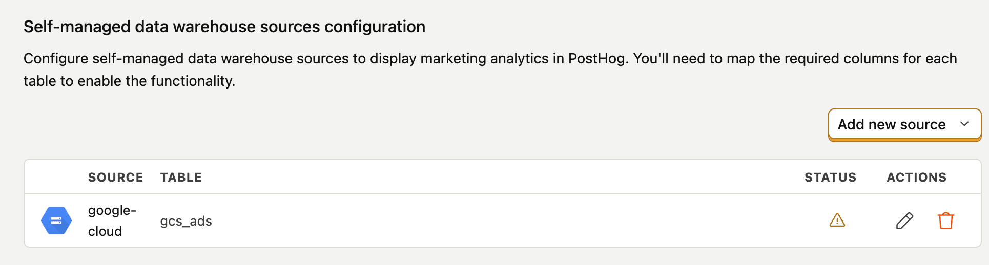 Self-managed data warehouse sources configuration