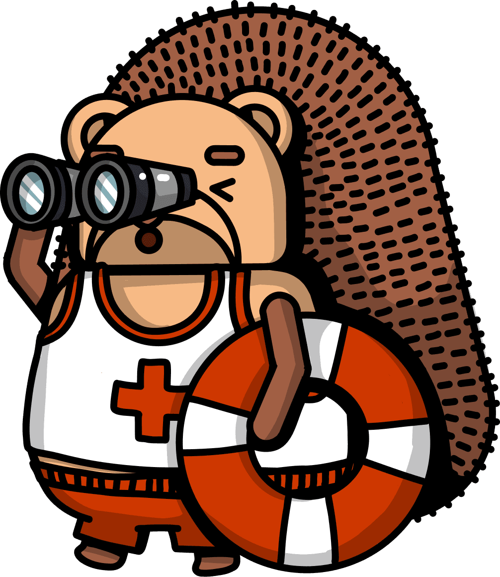 A lifeguard hedgehog with binoculars and a life ring