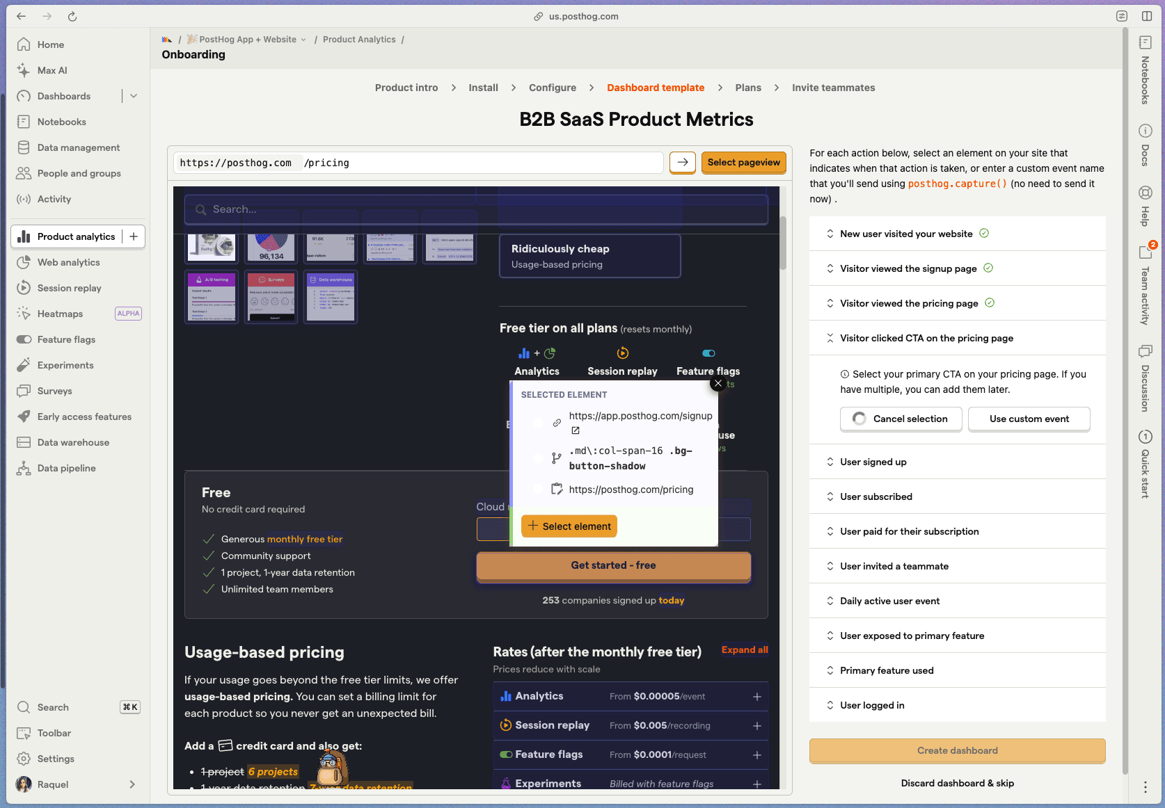 Dashboard templates in onboarding