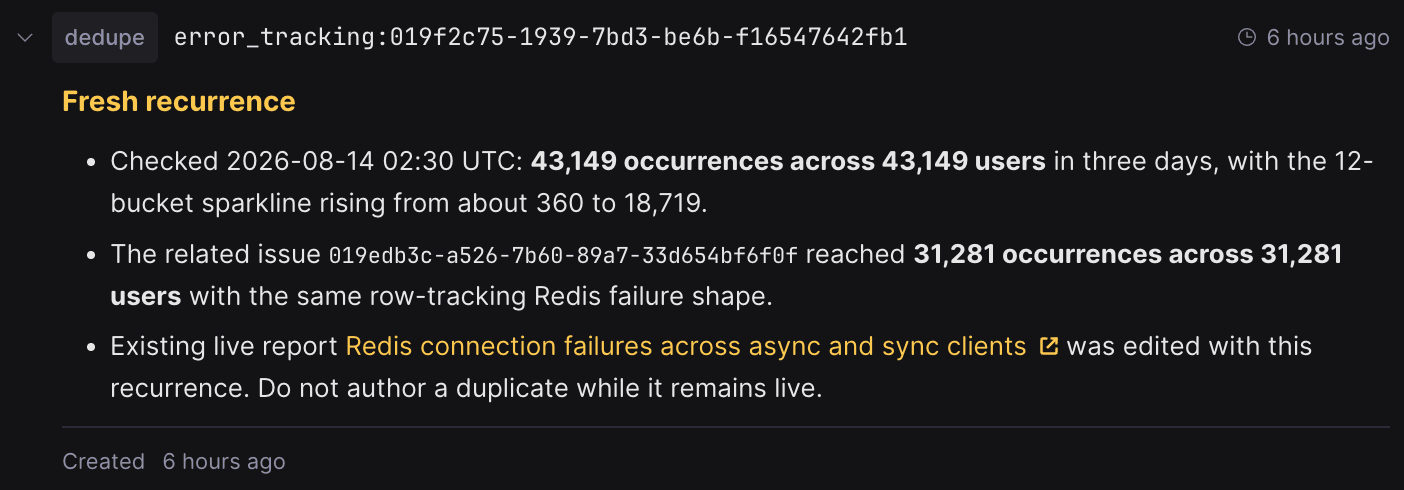 A Scout dedupe memory entry for an error_tracking key, describing a fresh recurrence of a Redis connection failure