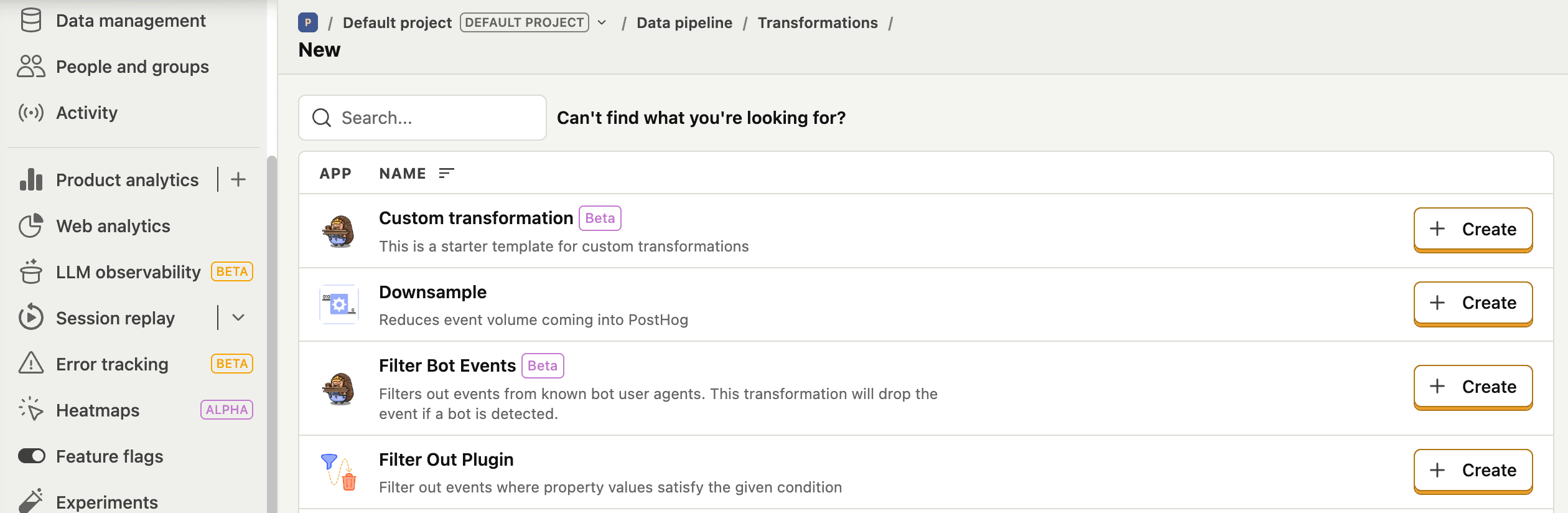 Transformations list in PostHog