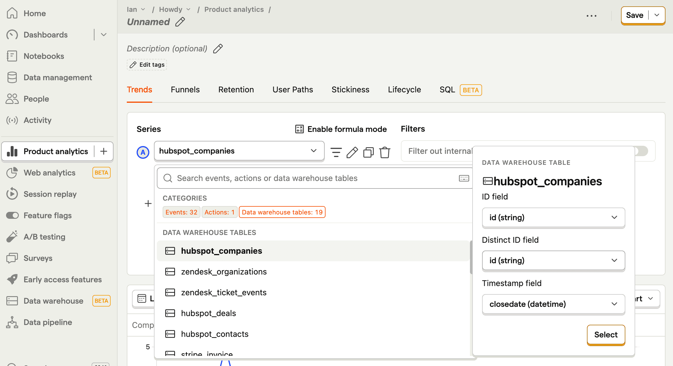 Selecting a data warehouse table in a trend