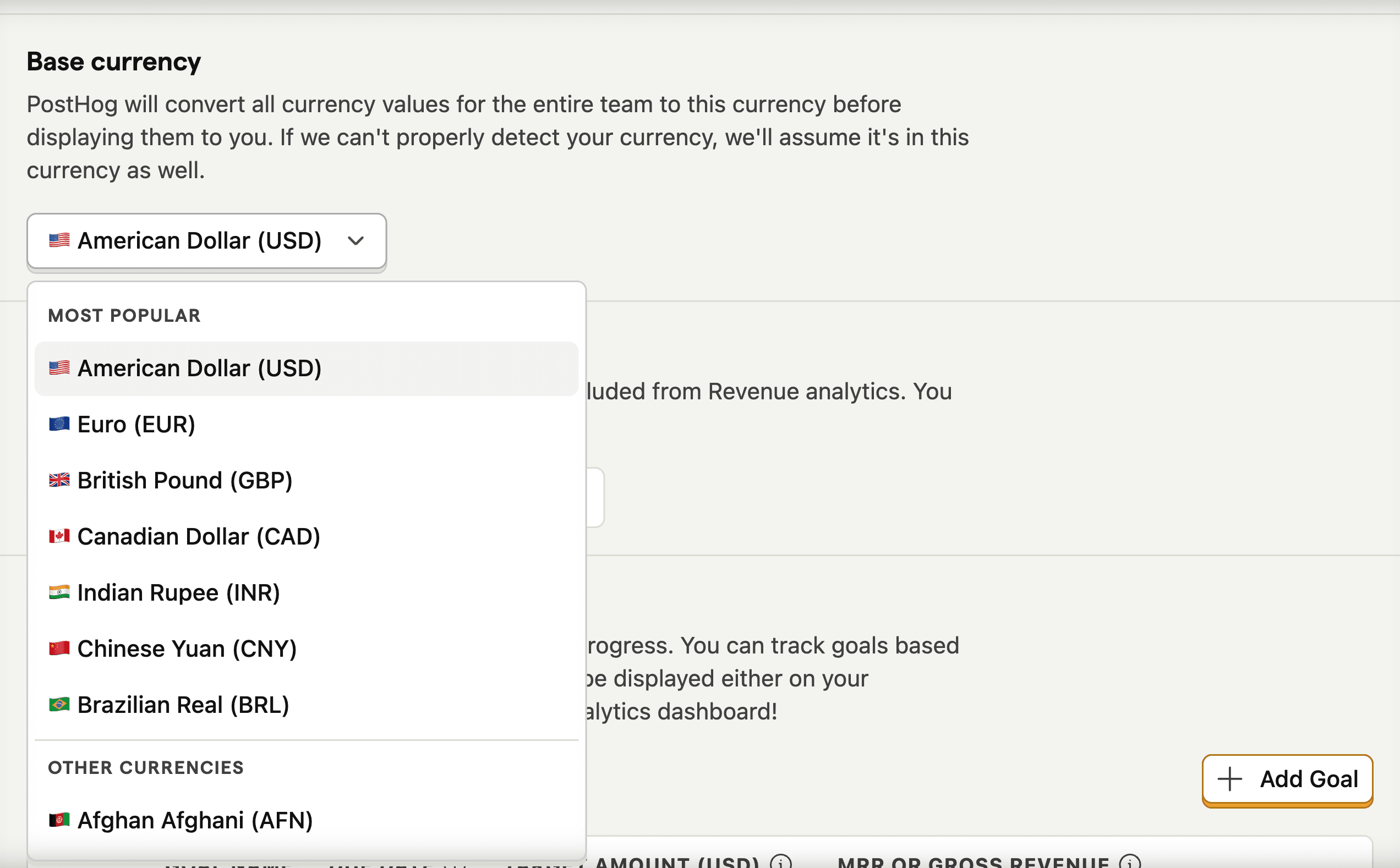 Revenue analytics currency picker
