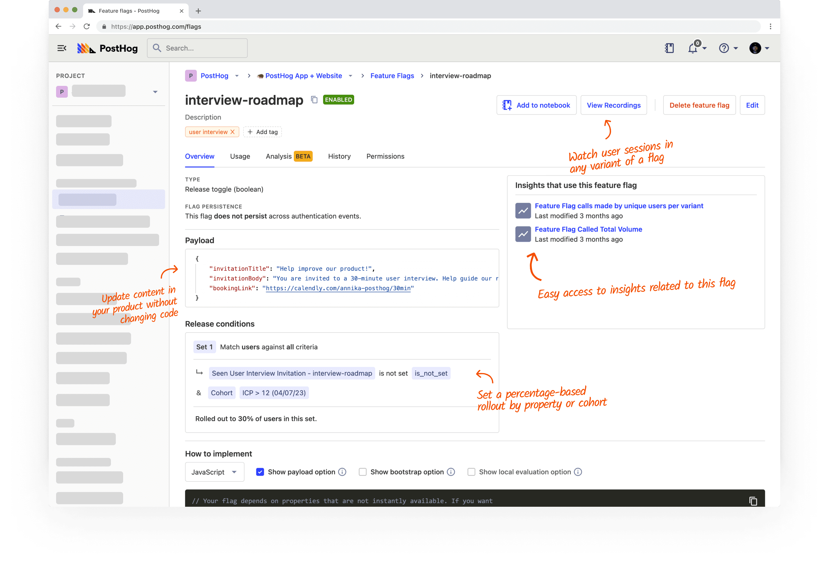 Screenshot of a feature flag in PostHog