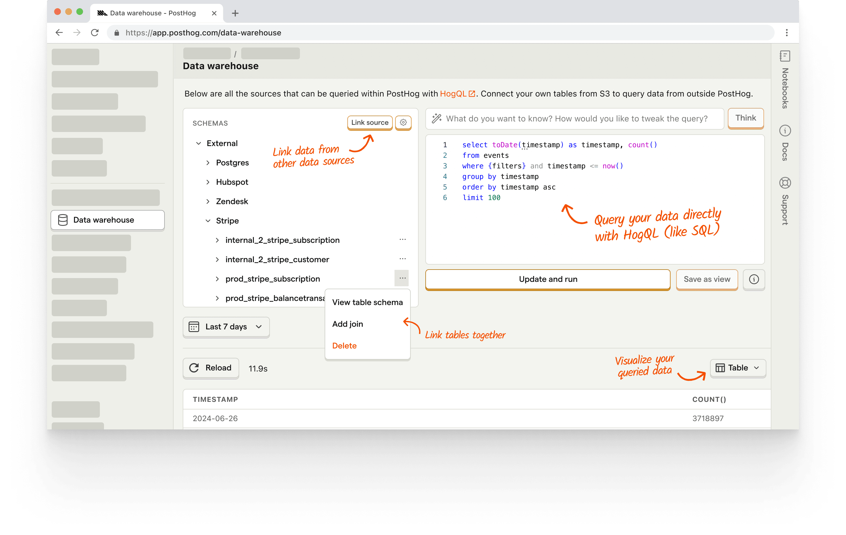 Screenshot of the PostHog data warehouse