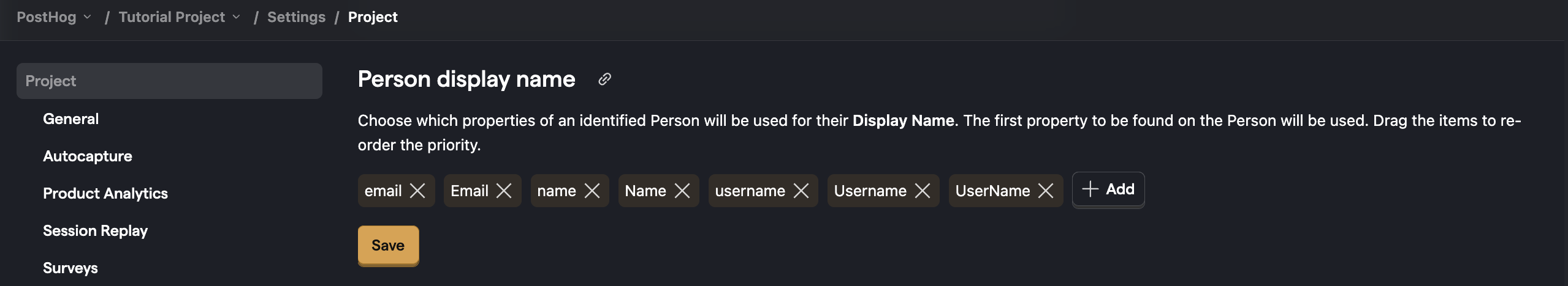 Where to change the display name in project settings