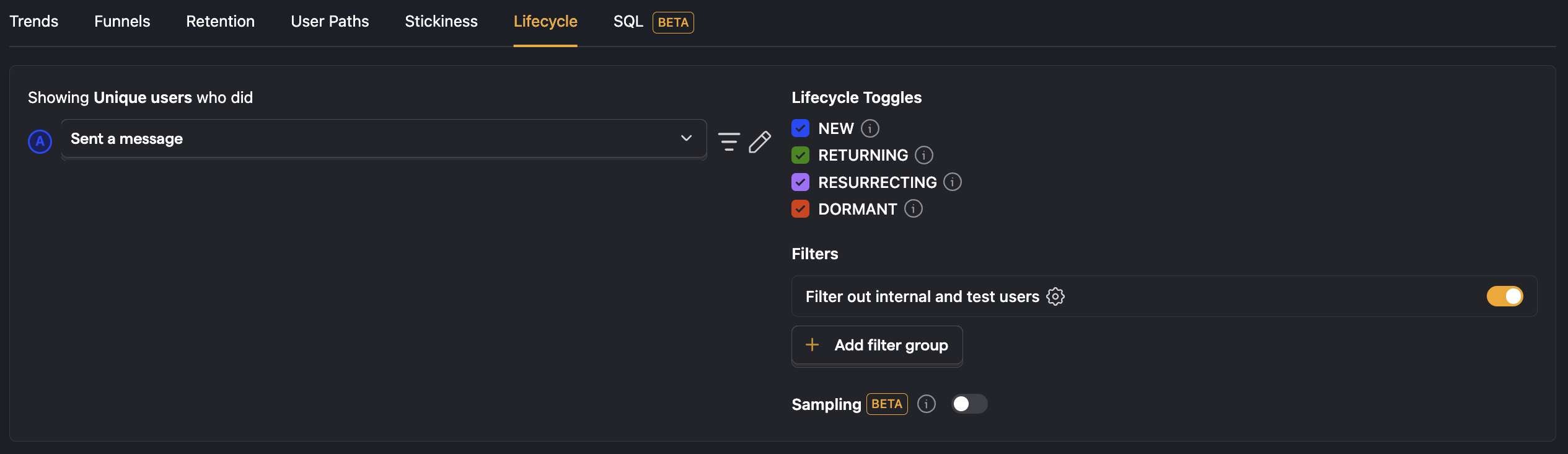 Set up a new lifecycle analysis with custom event 'Sent a message'