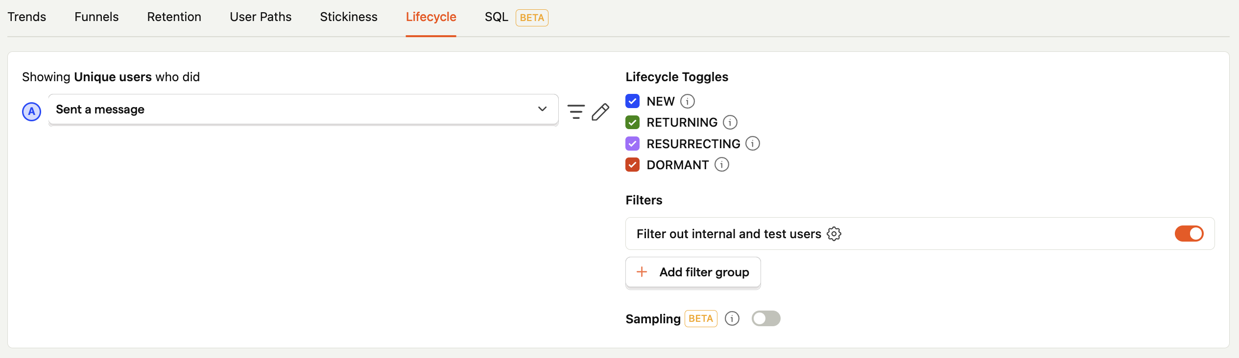 Set up a new lifecycle analysis with custom event 'Sent a message'