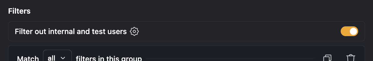 Filtering internal and test users turned on